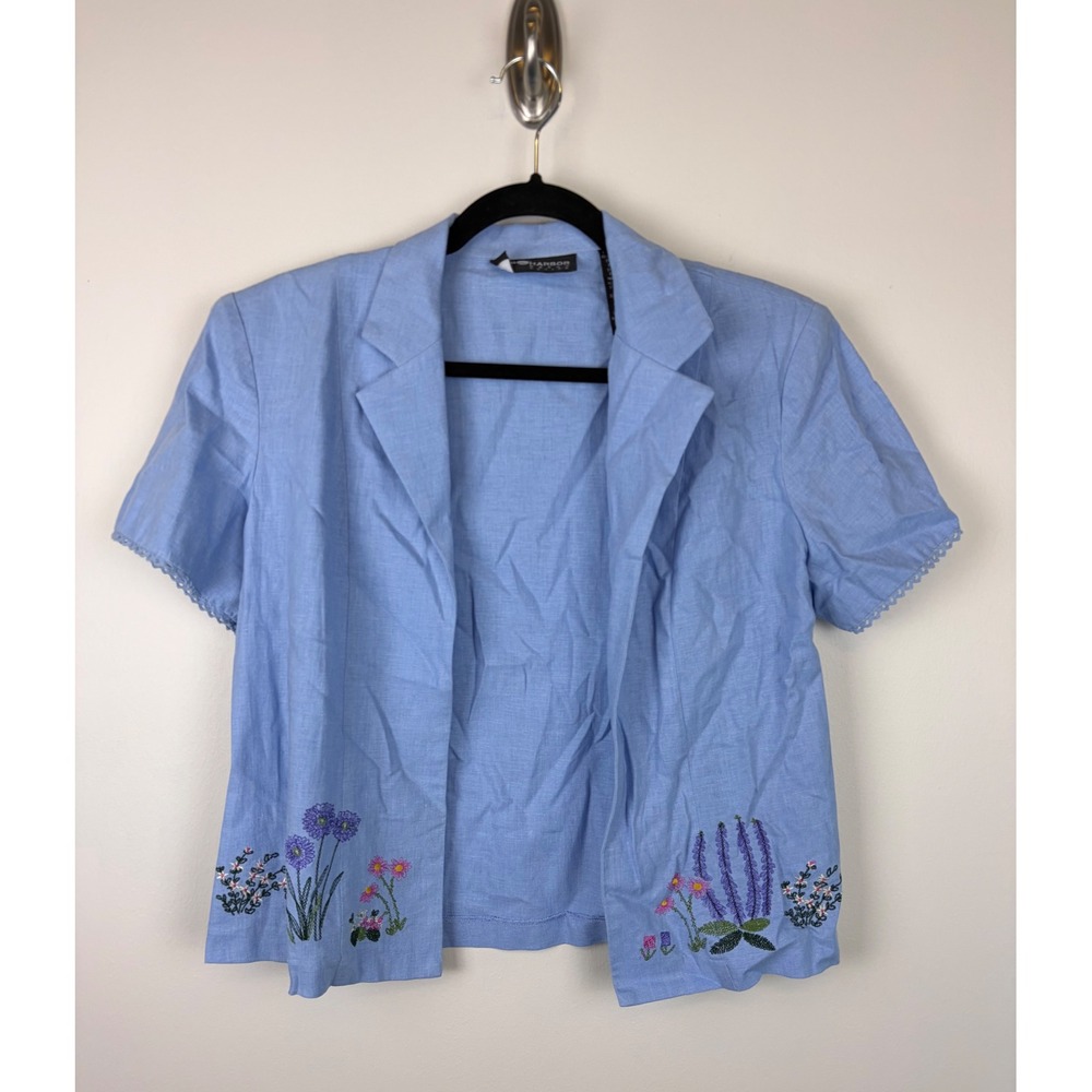 Vintage Sag Harbor Blazer 10P Blue Linen Floral Embroidered Cardigan Cottagecore